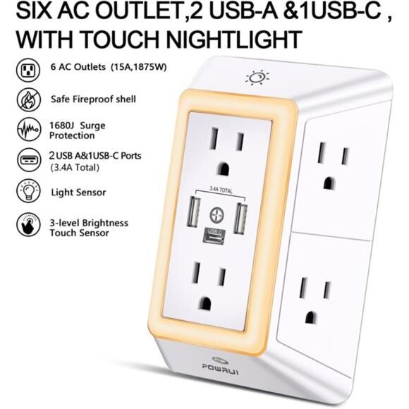 Multi Plug Outlet Surge Protector - POWRUI 6 Outlet Extender with 3 USB Ports - Picture 2 of 7